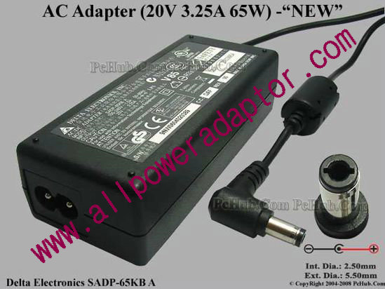 Delta Electronics SADP-65KB AC Adapter- Laptop 20V 3.25A, 5.5/2.5mm, 3-Prong, New - Click Image to Close