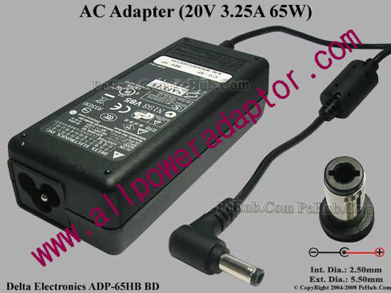 Delta Electronics ADP-65HB BD AC Adapter- Laptop 20V 3.25A, 5.5/2.5mm, 3-Prong