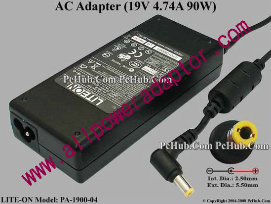 LITE-ON PA-1900-04 AC Adapter 19V 4.74A, 5.5/2.5mm, 3-Prong - Click Image to Close