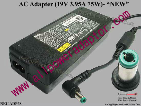 NEC AC Adapter 19V 3.95A, 5.5/2.5mm, 2-Prong, New - Click Image to Close