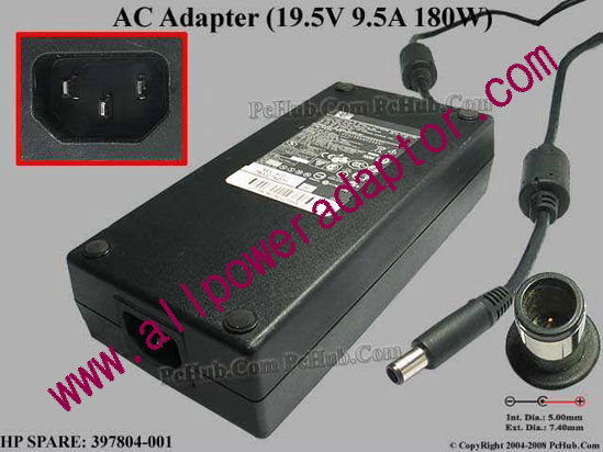 HP AC Adapter- Laptop 19.5V 9.5A, 7.4/5.0mm With Pin, C14 - Click Image to Close