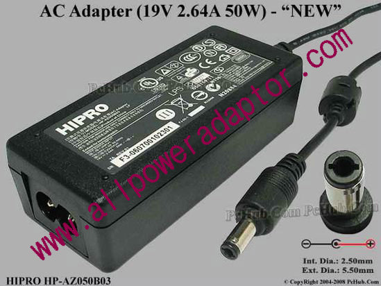 HIPRO HP-AZ050B03 AC Adapter- Laptop 19V 2.64A, Barrel 5.5/2.5mm 2-Prong, New - Click Image to Close