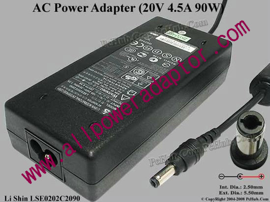 Li Shin LSE0202C2090 AC Adapter 20V 4.5A, 5.5/2.5mm 12mm Length, 3-Prong - Click Image to Close