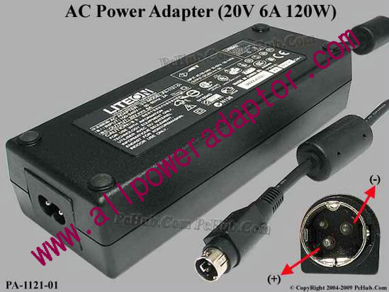 LITE-ON PA-1121-01 AC Adapter 20V 6A, 3-Pin DIN, 2-Prong - Click Image to Close