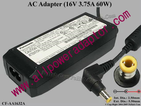 Panasonic AC Adapter 16V 3.75A, 5.5/2.5mm, 2 Prong - Click Image to Close