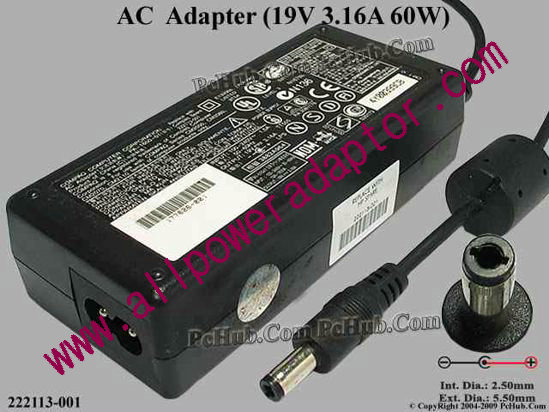 Compaq Common Item (Compaq) AC Adapter- Laptop 19V 3.16A, 5.5/2.5mm 12mm L, 2-Prong - Click Image to Close