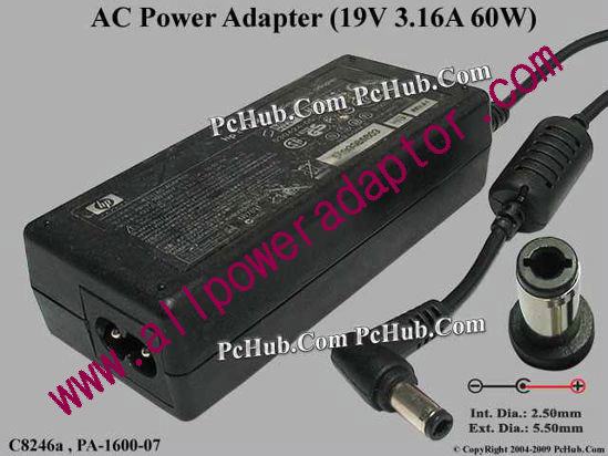 HP AC Adapter 13V-19V 19V 3.16A, 5.5/2.5mm, 2-Prong