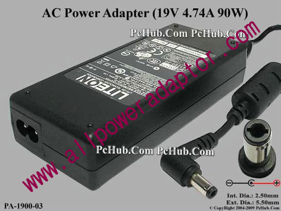 LITE-ON PA-1900-03 AC Adapter 19V 4.74A, 5.5/2.5mm, 2-Prong - Click Image to Close