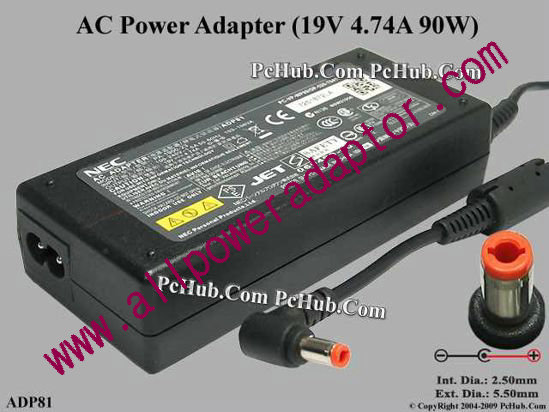 NEC AC Adapter 19V 4.74A, 5.5/2.5mm, 2-Prong