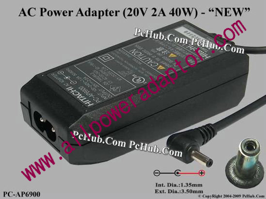 Hitachi AC Adapter- Laptop 20V 2A, 3.5/1.35mm, 2-Prong, New - Click Image to Close