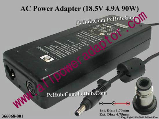 HP AC Adapter- Laptop 366068-001, 18.5V 4.9A, Tip-T - Click Image to Close