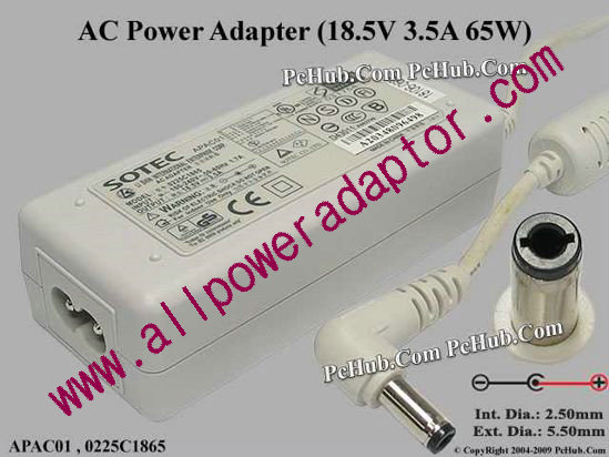 Sotec AC Adapter 18.5V 3.5A, 5.5/2.5mm 12mm, 2-Prong, White - Click Image to Close