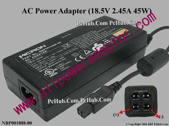 MicronPC (MPC) AC Adapter NBP001088-00, 18.5V 2.45A, 4-pin, 2-prong