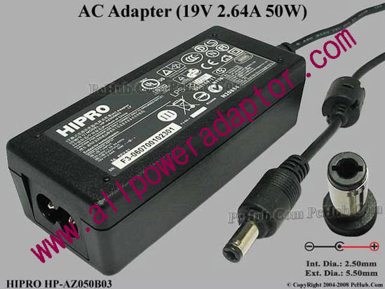 HIPRO HP-AZ050B03 AC Adapter- Laptop 19V 2.64A, Barrel 5.5/2.5mm 2-Prong - Click Image to Close