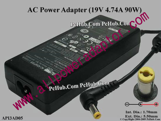 Acbel Polytech API3AD05 AC Adapter- Laptop 19V 4.74A, 5.5/1.7mm, 3-Prong - Click Image to Close