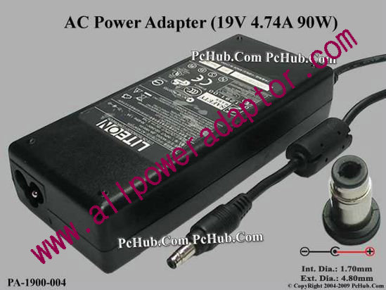 LITE-ON PA-1900-04 AC Adapter 19V 4.74A, 4.8/1.7mm, 3-Prong - Click Image to Close