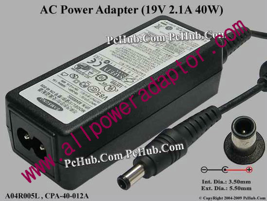 Samsung Laptop N220 AC Adapter 19V 2.1A, 5.5/3.0mm With Pin, 2-Prong - Click Image to Close