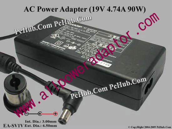 Sharp AC Adapter 19V 4.74A, 6.5/3.0mm, 2-Prong