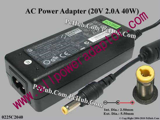 Li Shin 0225C2040 AC Adapter - NEW Original 20V 2A, 5.5/2.5mm 12MM, 2-Prong, New - Click Image to Close