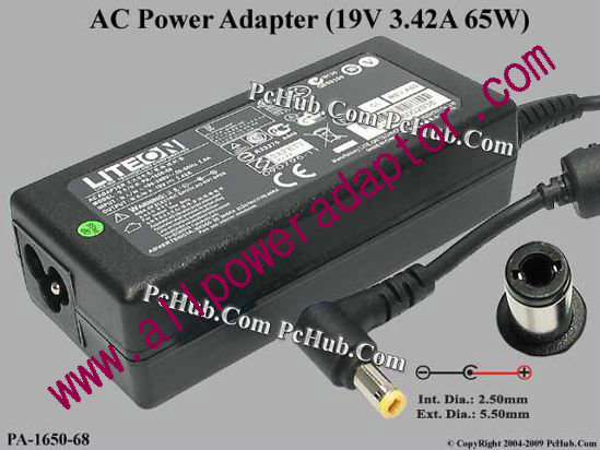 LITE-ON PA-1650-68 AC Adapter 19V 3.42A, 5.5/2.5mm, 3-Prong