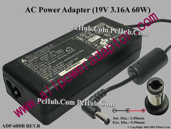 (image for) Delta Electronics ADP-60DB REV.B AC Adapter- Laptop 19V 3.16A, 5.5/2.5mm, 3-Prong