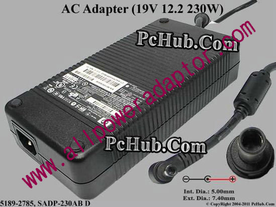 HP AC Adapter- Laptop 19V 12.2A, 7.4/5.0mm w/o Pin, C14 - Click Image to Close