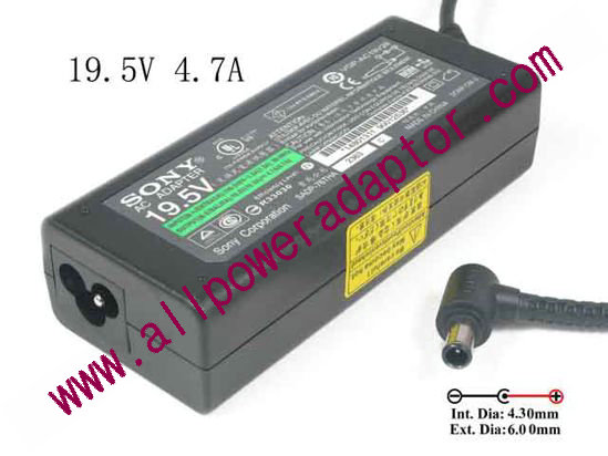 Sony Vaio VGN-FS Series AC Adapter - NEW Original 19.5V 4.7A, 6.0/4.3mm With Pin, 3-Prong, New - Click Image to Close