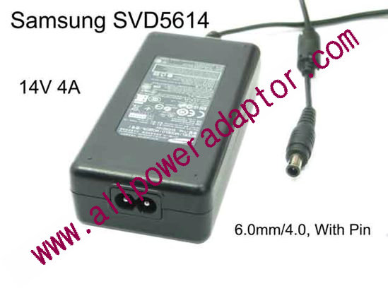 Samsung Laptop AC Adapter 13V-19V 14V 4A, Barrel 6.0mm/4.0, With Pin, 2Prong - Click Image to Close