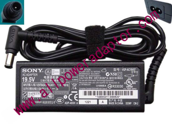 Sony Vaio SVE11 Series AC Adapter VGP-AC19V57, 19.5V, 2A, 2 Prong