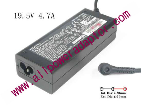 Sony Vaio SVS13 Series AC Adapter 19.5V 4.7A, 6.0/4.3mm With Pin, 3-Prong - Click Image to Close