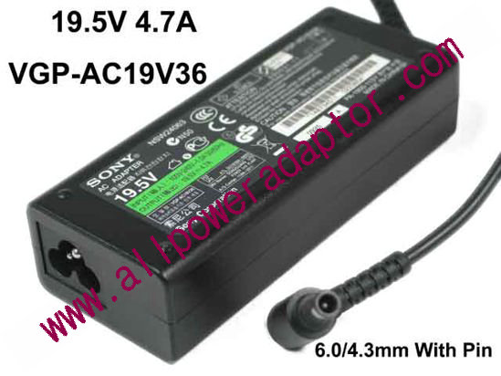 Sony Vaio VPCEG Series AC Adapter 19.5V 4.7A, 6.0/4.3mm With Pin, 3-Prong, New - Click Image to Close