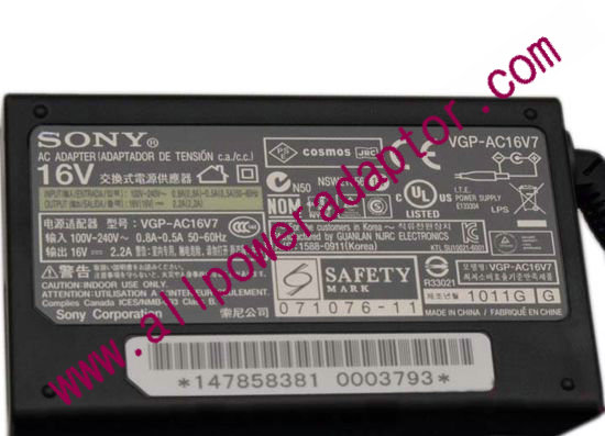 Sony Vaio VGN-UX Series AC Adapter 147858381, 16V 2.2A, 2Prong - Click Image to Close