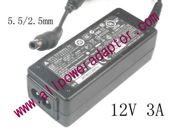 Delta Electronics ADP-36EH C AC Adapter- Laptop 12V 3A 36W, Barrel 5.5/2.5mm, 2-Prong, New - Click Image to Close