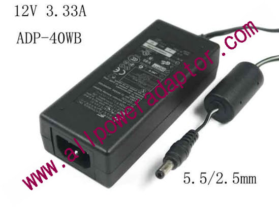 Delta Electronics ADP-40WB REV.B AC Adapter- Laptop 12V 3.33A, Barrel 5.5/2.5mm, IEC C14, New - Click Image to Close