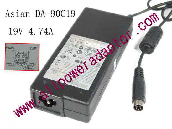 APD / Asian Power Devices DA-90C19 AC Adapter- Laptop 19V 4.74A, 4P P1 - Click Image to Close