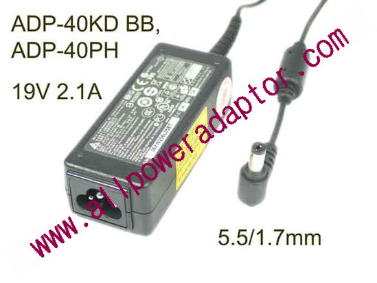 Delta Electronics ADP-40KD BB AC Adapter- Laptop 19V 2.1A, Barrel 5.5/1.7mm, 3-Prong, New - Click Image to Close