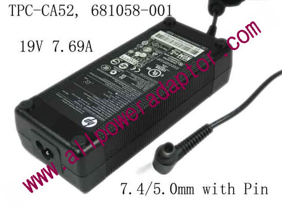 HP AC Adapter- Laptop 19V 7.69A, 7.4/5.0mm W/Pin, 3-Prong - Click Image to Close