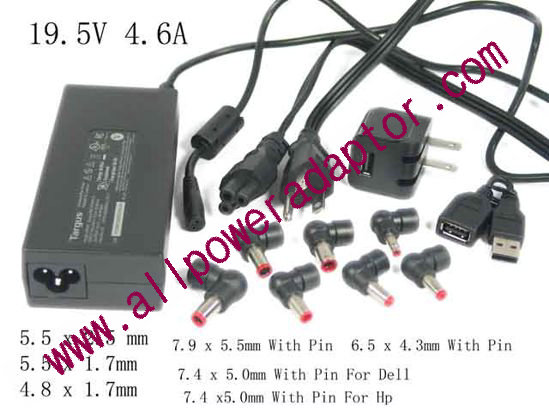 Targus APA30CA AC Adapter 19.5V 4.6A, 7 Tips, 3-prong, US Cord, New - Click Image to Close