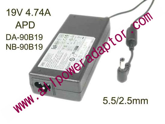 APD / Asian Power Devices DA-90B19 AC Adapter- Laptop 19V 4.74A, 5.5/2.5mm, 3-Prong, New - Click Image to Close