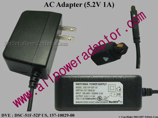 DVE DSC-51F-52P US AC Adapter 5V-12V 157-10029-00, 5.2V 1A