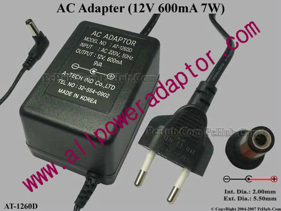 A-TECH AC Adapter 5V-12V AT-1260D, 12V 0.6A, Tip B