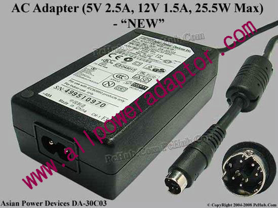 APD / Asian Power Devices DA-30C03 AC Adapter 5V-12V 12V 1.5A, 5V 2.5A, 5-P D, P12=5V P3=12V, 2-P, New - Click Image to Close