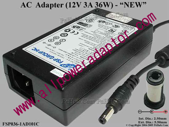 FSP Group Inc FSP036-1AD101C AC Adapter 5V-12V 12V 3A, 5.5/2.5mm 12mm, C14, New - Click Image to Close