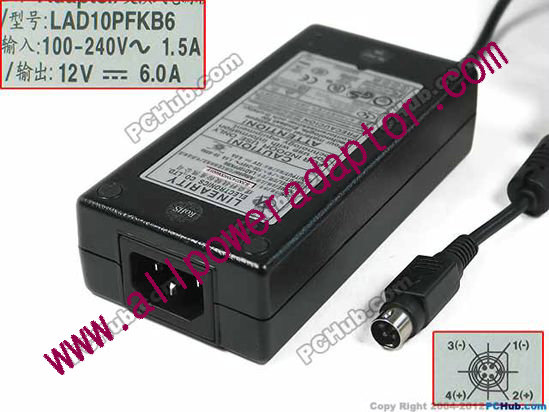 Linearity LAD10PFKB6 AC Adapter 5V-12V 12V 6A, 4-Pin P14=V, C14