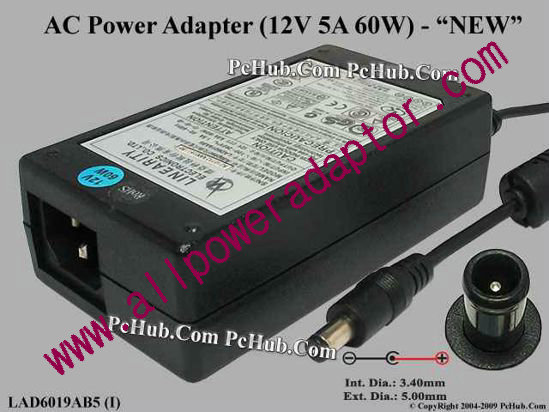 Linearity LAD6019AB5 AC Adapter 5V-12V 12V 5A, 5.0/3.4mm With Pin, IEC C14 - Click Image to Close