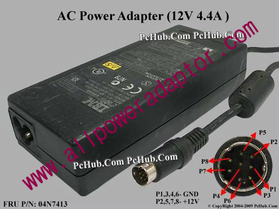 IBM AC Adapter 5V-12V 04N7413, 12V 4.4A, 8-pin DIN - Click Image to Close