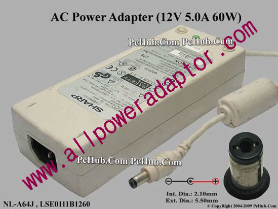 Sharp AC Adapter 5V-12V 12V 5A, 5.5/2.1mm, C14 - Click Image to Close