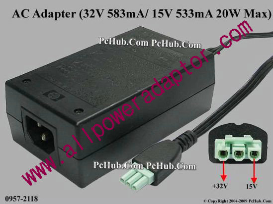 HP AC Adapter 0957-2118, 32V 563mA, 15V 533mA, 3-pin, (IEC C14) - Click Image to Close