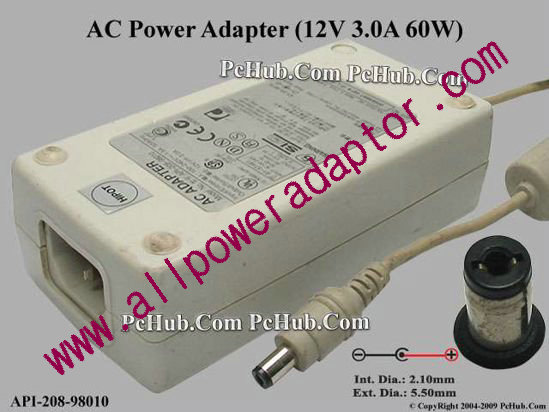 Acbel Polytech API-208-98010 AC Adapter 5V-12V 12V 3A, 5.5/2.1mm, C14, white