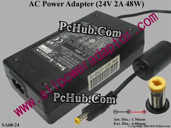 Sino American SA165E-24V AC Adapter SA60-24, 24V 2A, Tip-A, 2-prong